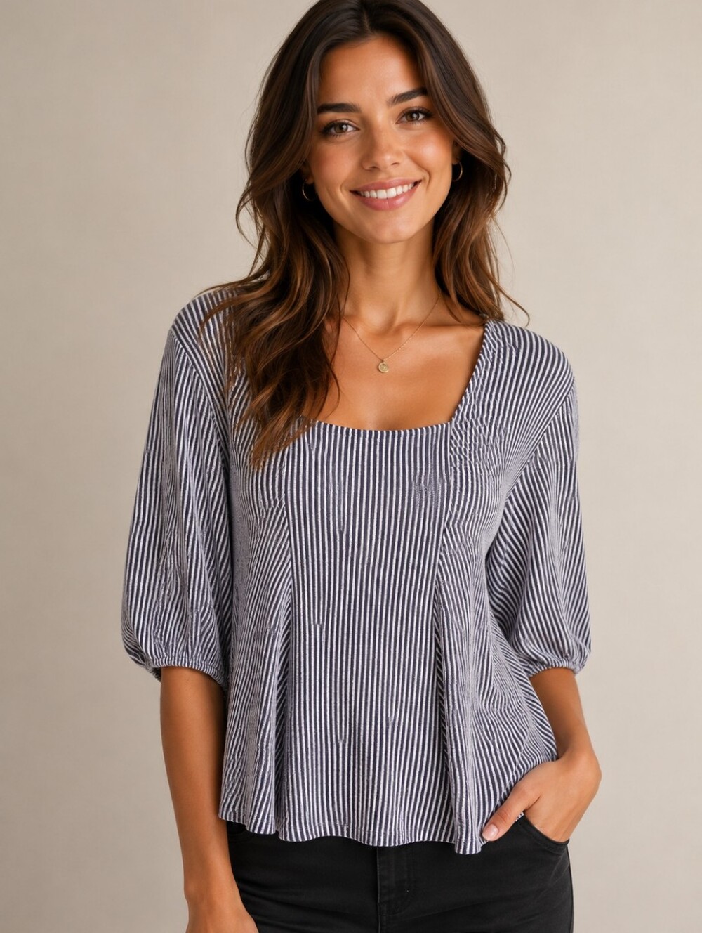 🌻373.Anthropologie W5 Striped Square-Neck Puff Sleeve Top - Blue & White